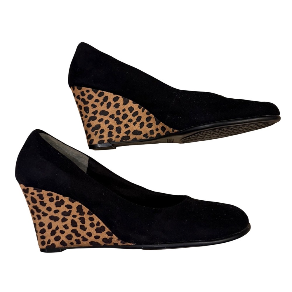 Aerosoles Black Faux Suede Leopard Print Wedge Pumps Shoes Womens Size 8.5